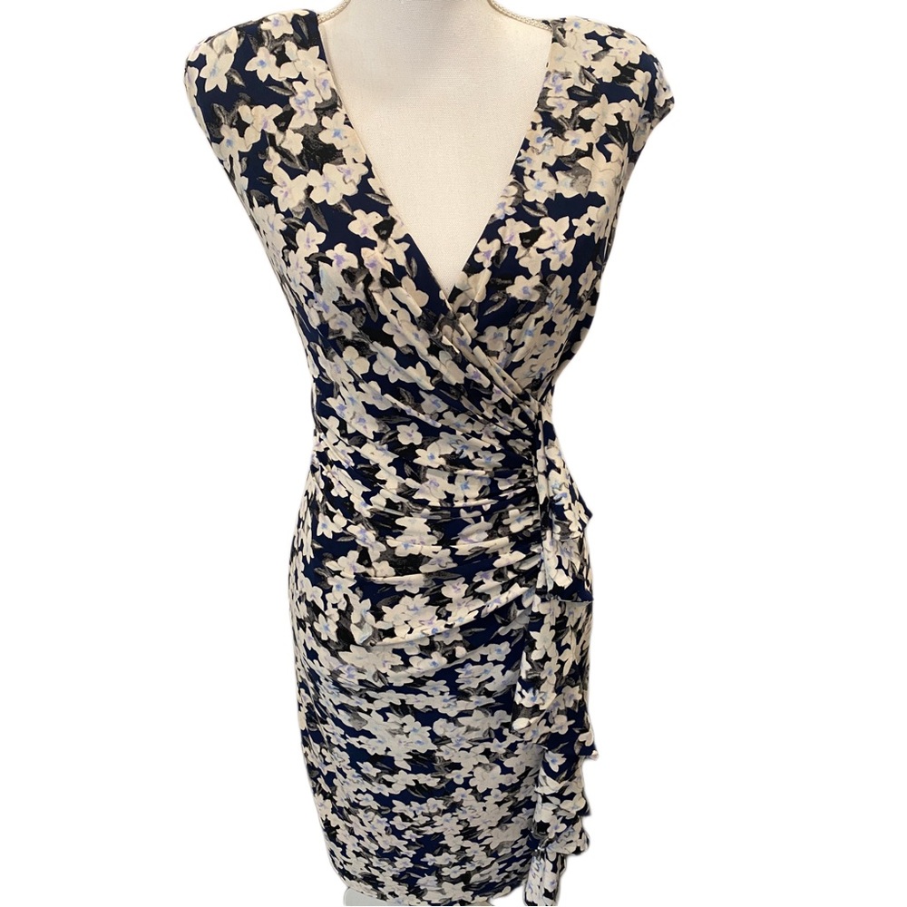 American Living Womens Blue White Floral Faux Wrap Ruffle Dress Sz 12
